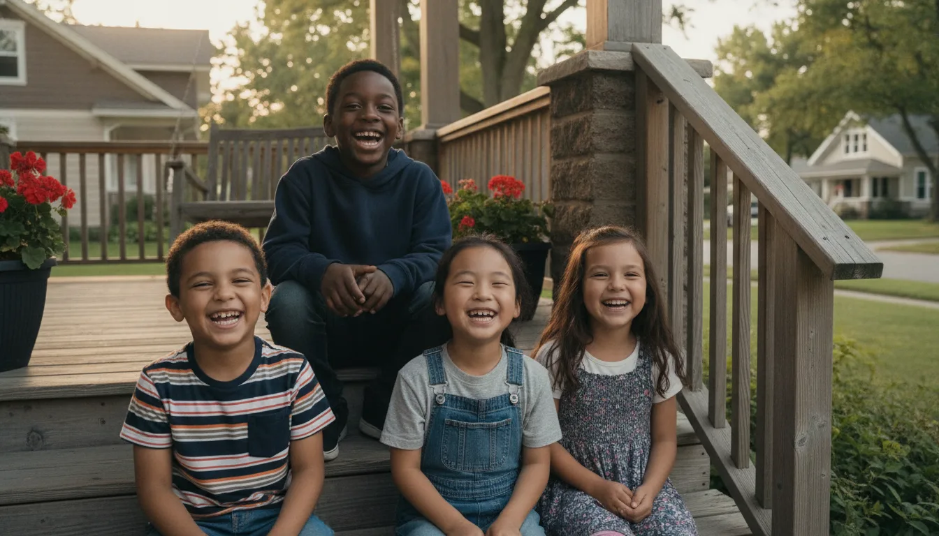 A group of neighborhood children laughing together on a porch