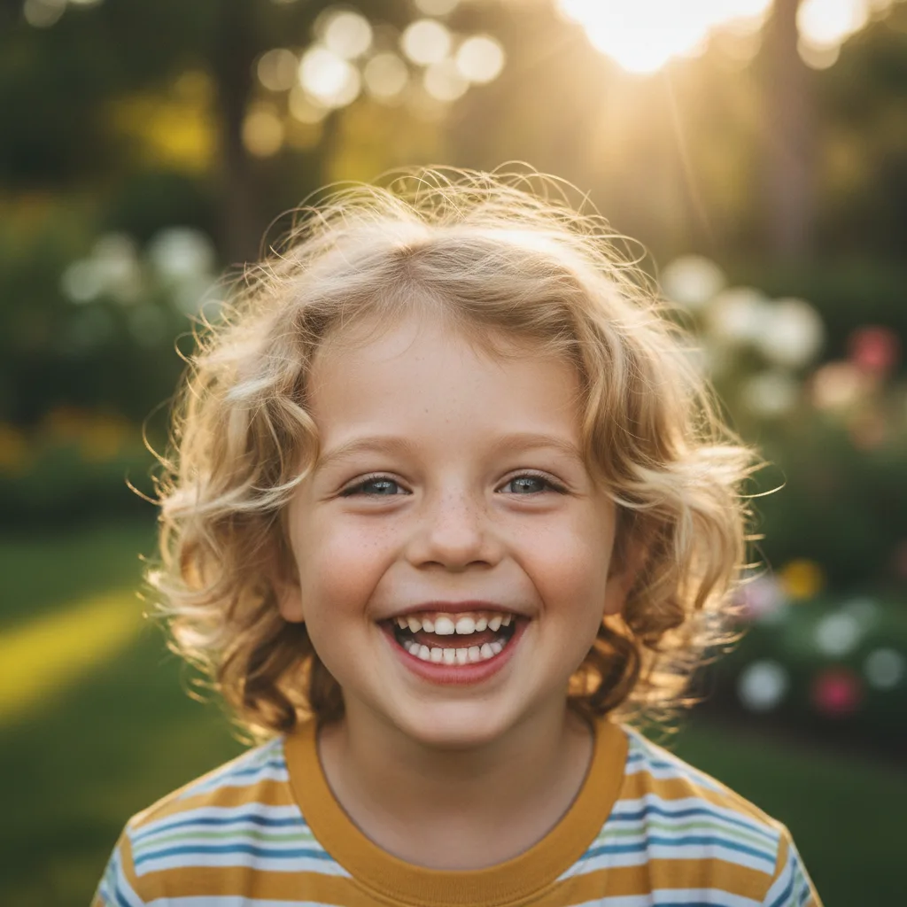 Smiling child outdoors in warm sunlight