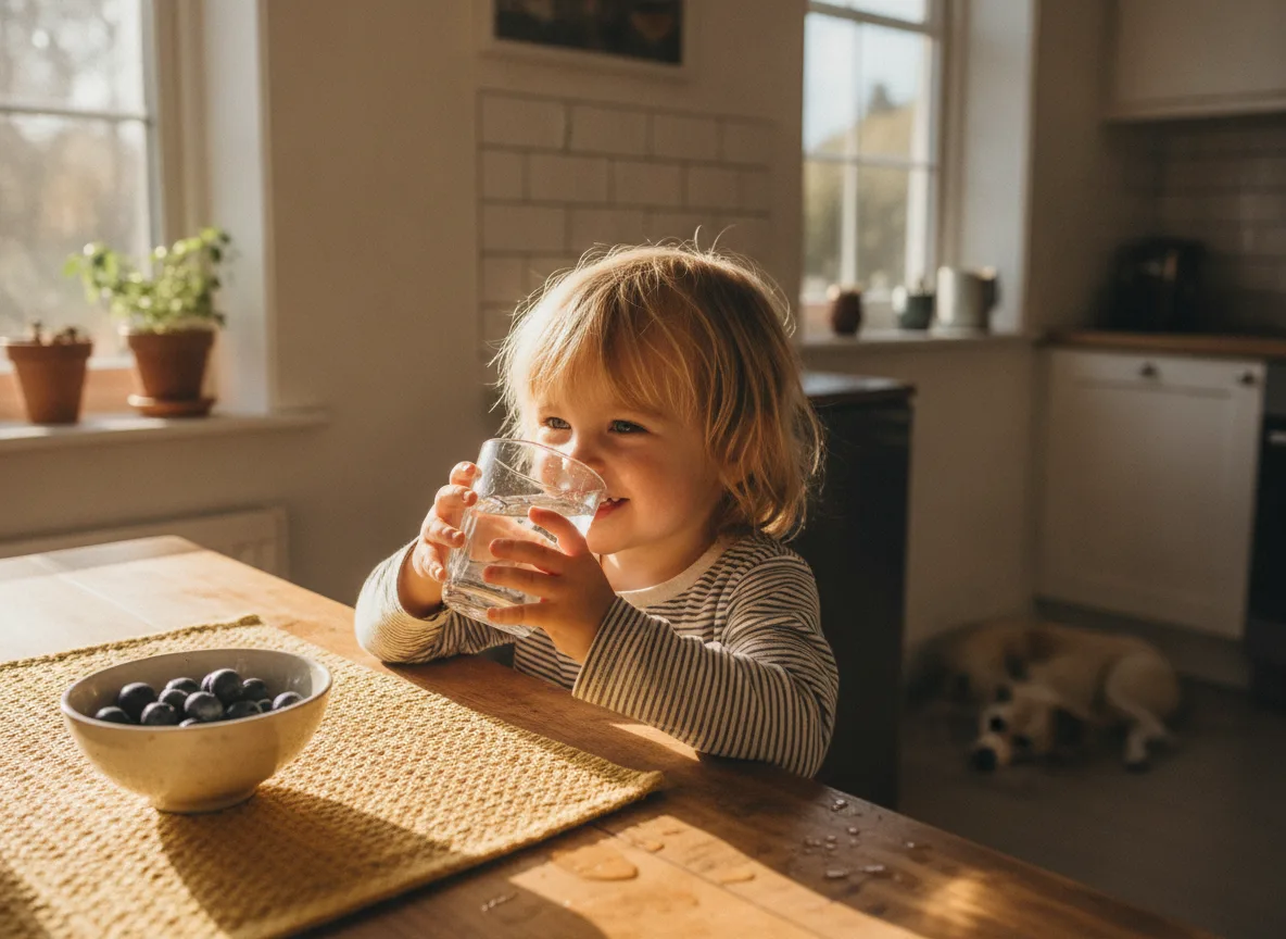 Young child drinking a glass of water at a kitchen table