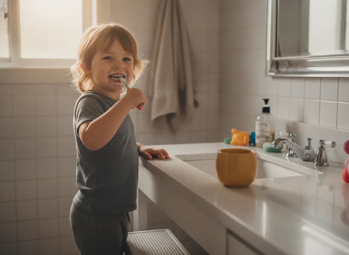 Young child brushing their teeth at a bathroom sink