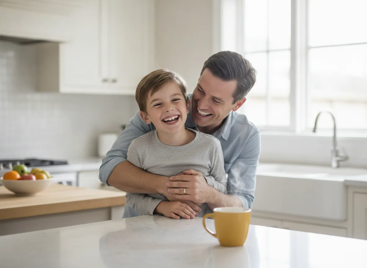 Parent hugging a laughing child in a kitchen